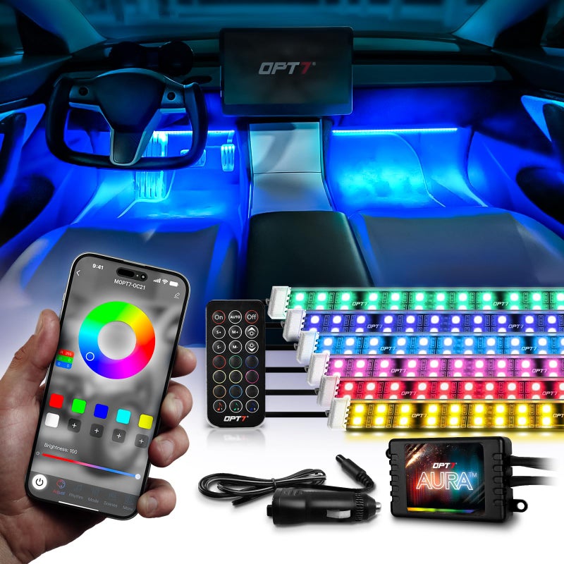 OPT7 Aura Pro 6PC Double LED Interior Strip Lights with APP  Remote Control Multicolor Mode Sound Active Inside Ambient Lighting Kit Truck SUV RV Footwell Floor Decor 12V Car Charger